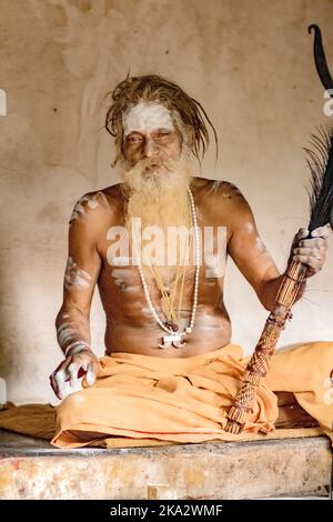 A vertical portrait of Sadhu with long hair and a beard Stock Photo