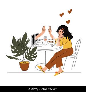 Woman Having Online Romantic Date with Laptop. Internet Dating Stock Vector