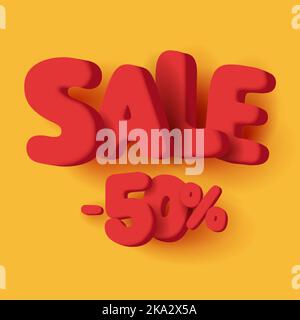 Sale 3d letters rounded with fifty percent off, render cartoon label on yellow backdrop Stock Vector