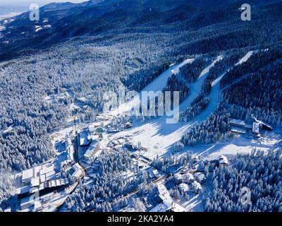 Aerial winter view of Rila Mountain near ski resort of Borovets, Sofia Region, Bulgaria Stock Photo