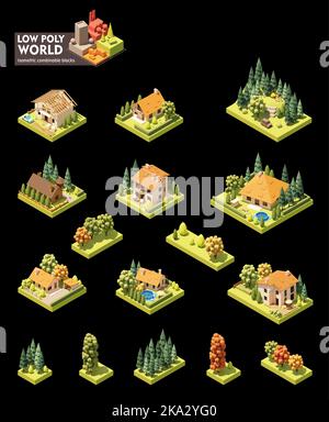 Vector isometric world map creation set. Combinable map elements. Small town or village buildings and houses, house construction site, trees, forest Stock Vector