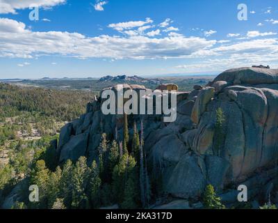 Aerial  view of Vedauwoo and Blair Wallis outdoor Recreation area geology rock formations near Laramie Wyoming, US. Stock Photo