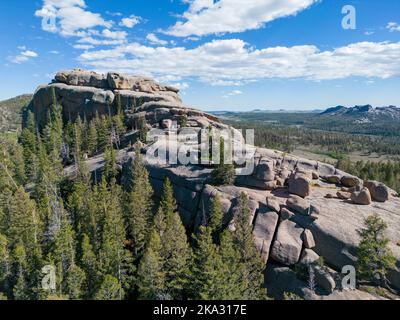 Aerial view of Vedauwoo and Blair Wallis outdoor Recreation area geology rock formations near Laramie Wyoming, US. Stock Photo