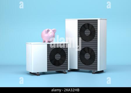 3d render of a small and large fictitious air source heat pump with a piggy bank on tip. Concept for saving energy by using electric air heat pumps Stock Photo