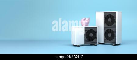 3d render of a small and large fictitious air source heat pump with a piggy bank on tip. Concept for saving energy and money by using electric air hea Stock Photo