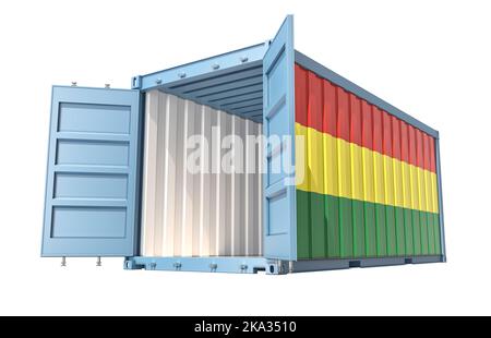 Cargo Container with open doors and Bolivia national flag design. 3D Rendering Stock Photo