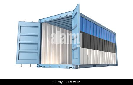 Cargo Container with open doors and Estonia national flag design. 3D Rendering Stock Photo