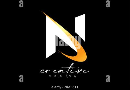 N Letter Logo Design with Creative Golden Swoosh. Letter n Initial icon with curved shape vector illustration. Stock Vector