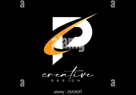 P Letter Logo Design with Creative Golden Swoosh. Letter p Initial icon with curved shape vector illustration. Stock Vector