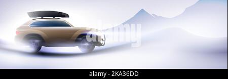 SUV car bashing in snow on a panoramic winter mountains background with cargo carrier box on the roof. Car traveling, extreme off road adventure horizontal banner vector illustration. Stock Vector
