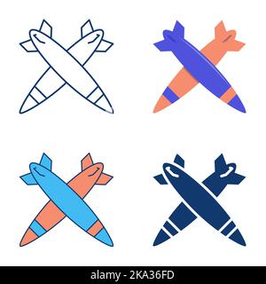 War icon set in flat and line style. Military rocket missiles symbol. Vector illustration. Stock Vector