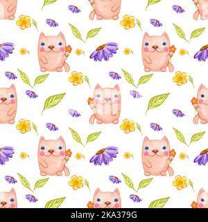 Handdrawn watercolor seamless pattern with cats for children's textile. Scrapbook design, typography poster, label, banner, post card Stock Photo