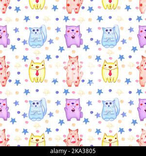 Handdrawn watercolor seamless pattern with cats for children's textile. Scrapbook design, typography poster, label, banner, post card Stock Photo