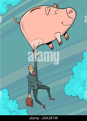 pig piggy bank and businessman with briefcase. Banking and economic activity. Financial migration Stock Vector