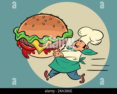 burger and chef man, restaurant fast food street cooking Stock Vector