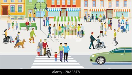 City silhouette with pedestrians in residential district, illustration Stock Vector