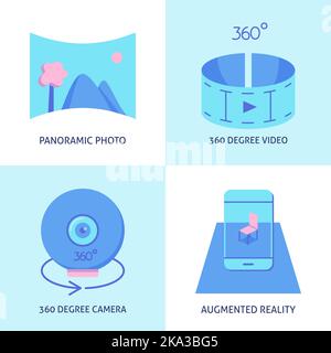 Virtual reality icon set in flat style. Modern technology symbols collection including panorama, 360 degree video and camera, augmented reality. Vecto Stock Vector
