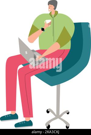 Person works online, sitting in chair with notebook and drink coffee at home. Freelance worker at laptop computer in armchair. Man student uses device Stock Vector