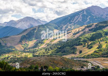 Aspen, Colorado rocky mountains wide angle view of storm clouds by Buttermilk mountain ski resort slopes in summer at Roaring fork valley Stock Photo