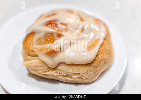 Macro closeup of one small vegan cooked baked cinnamon bun roll swirl on plate at kitchen table isolated against white background Stock Photo