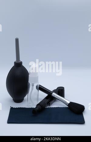 Cleaning supplies for cameras and various objects on a white background Stock Photo