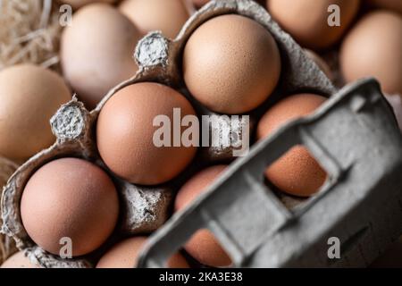 From above closeup of fresh raw chicken eggs placed in rows in carton container near hay in coop Stock Photo