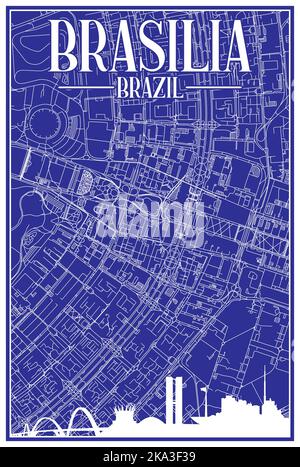 Hand-drawn downtown streets network printout map of BRASILIA, BRAZIL Stock Vector