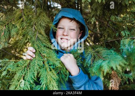 Cheerful preteen boy in blue hoodie hiding behind branches of fur in forest and looking at camera Stock Photo