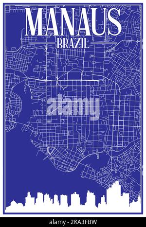 Hand-drawn downtown streets network printout map of MANAUS, BRAZIL Stock Vector