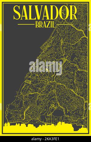 Hand-drawn downtown streets network printout map of SALVADOR, BRAZIL Stock Vector