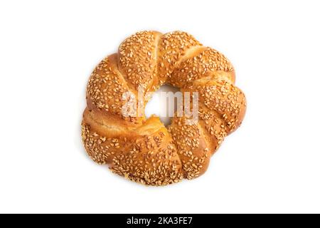 Homemade sweet bun isolated on white background. top view, flat lay, close up. Stock Photo