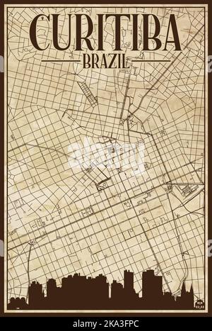 Hand-drawn downtown streets network printout map of CURITIBA, BRAZIL Stock Vector