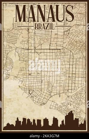 Hand-drawn downtown streets network printout map of MANAUS, BRAZIL Stock Vector