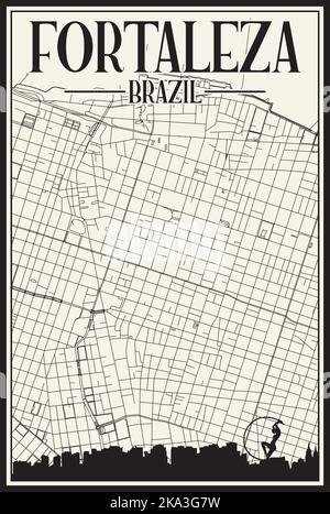 Hand-drawn downtown streets network printout map of FORTALEZA, BRAZIL Stock Vector