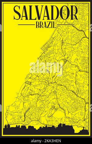 Hand-drawn downtown streets network printout map of SALVADOR, BRAZIL Stock Vector