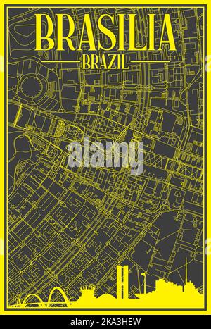 Hand-drawn downtown streets network printout map of BRASILIA, BRAZIL Stock Vector