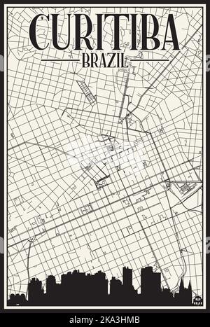 Hand-drawn downtown streets network printout map of CURITIBA, BRAZIL Stock Vector