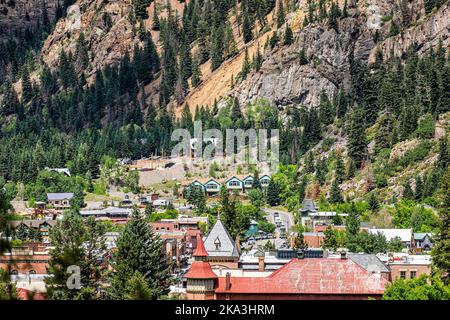 Ouray, USA - August 14, 2019: Aerial high angle view of small town in Colorado with city main street historic architecture in San Juan mountains Stock Photo