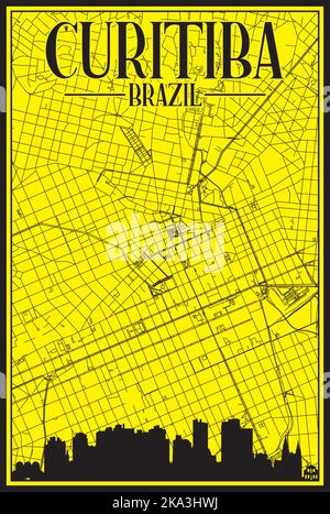 Hand-drawn downtown streets network printout map of CURITIBA, BRAZIL Stock Vector