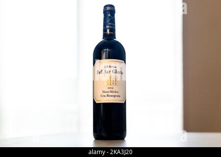 Avon, USA - June 5, 2022: Macro closeup of Bordeaux red wine from Costco Warehouse Chateau Bel Air Gloria 2016 at Domaines Henri Martin in Saint-Julie