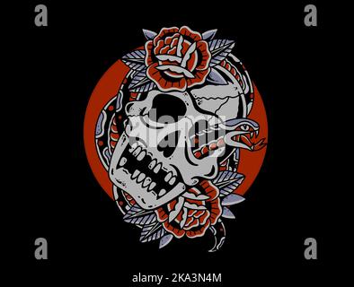 Old school traditional tattoo inspired cool graphic design illustration human skull with snake and roses for merchandise t shirts stickers wallpapers Stock Photo