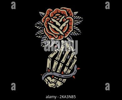 Old school traditional tattoo inspired cool graphic design illustration human skeleton hand holding rose for merchandise t shirts stickers wallpapers Stock Photo