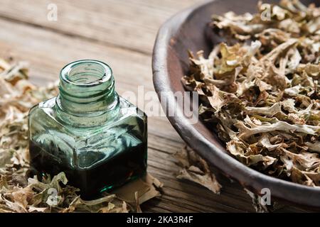 Healthy iceland moss. Bottle of moss syrup or tincture, cough medicine. Bowl of dried icelandic moss for making healthy herbal cough tea or infusion. Stock Photo