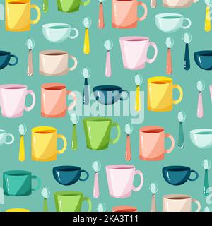 Porcelain mugs and spoons seamless print. A set of tea cups. Vector illustration in cartoon flat style Stock Vector
