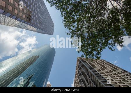 A scenic view of beautiful skyscrapers in Downtown Houston, Texas in cloudy sky background Stock Photo