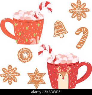 Cute mugs with marshmallows, candy cane and gingerbread cookies in cartoon style. Hand drawn vector illustration of hot drinks and Christmas sweets. Stock Vector