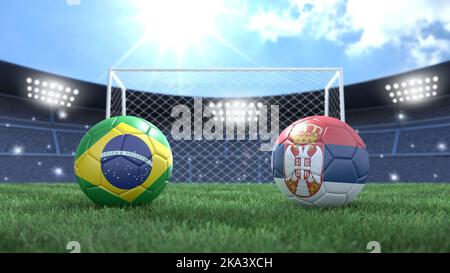 Two soccer balls in flags colors on stadium bright blurred background. Brazil and Serbia. 3d image Stock Photo