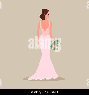 Bride in an evening dress with a bouquet in her hands. Vector illustration in flat cartoon style Stock Vector