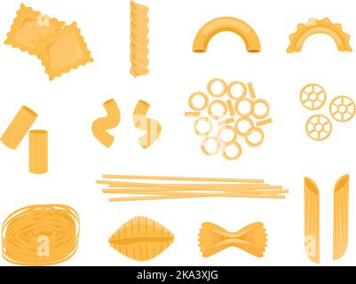 Pasta types set, italian noodles and macaroni. Restaurant delicious menu. Vector flat style cartoon pasta illustration isolated on white background Ep Stock Vector