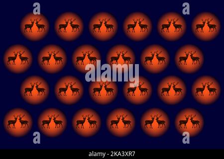 Christmas pattern on a dark blue background with two deers in the sunset. Vector image. Package design. Stock Vector
